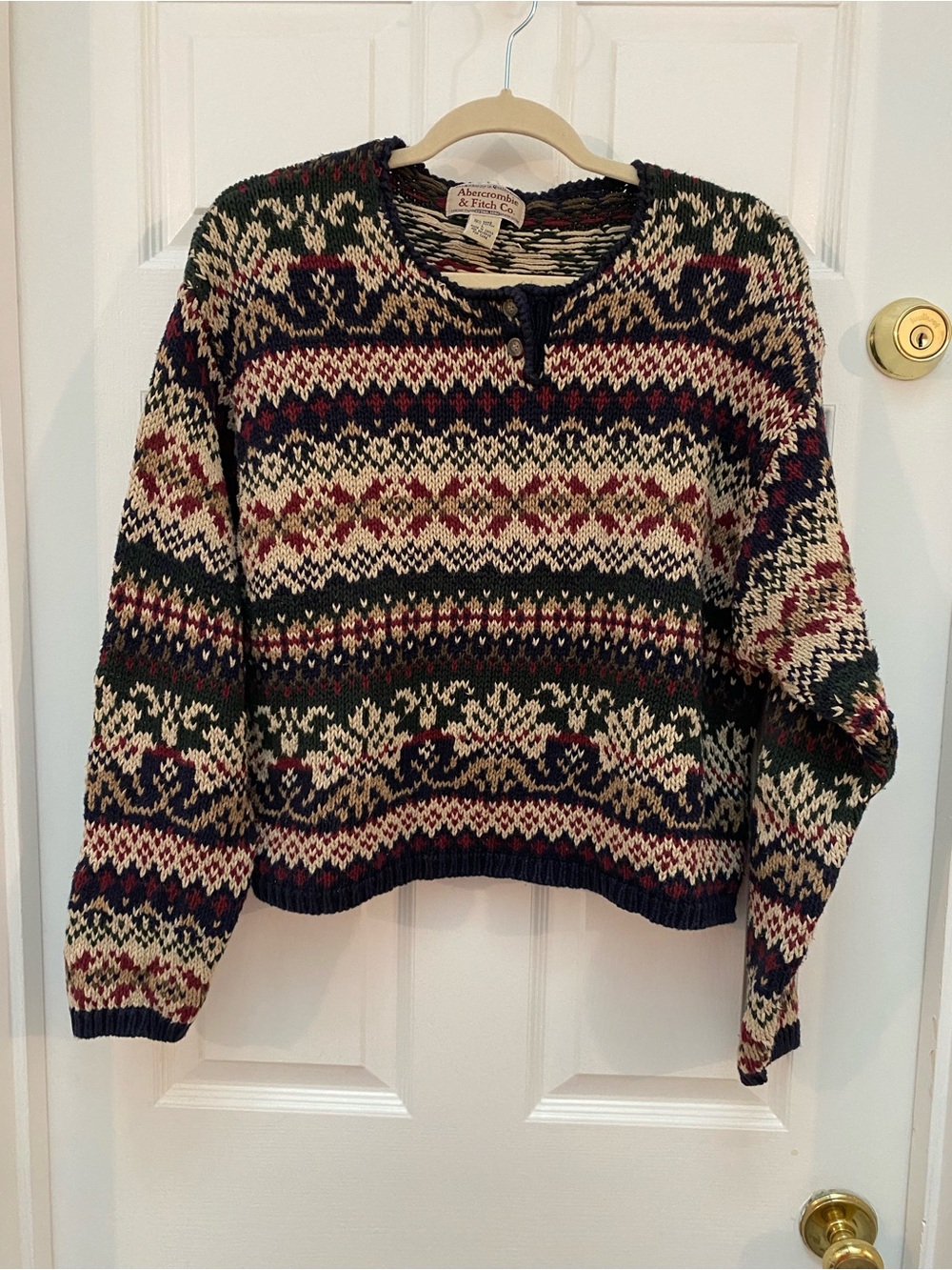 Vintage 90s Abercrombie & Fitch Blue & Cream Fair Isle Crewneck Sweater- L